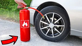 CAR TIRE vs FIRЕ EXTINGUISHER