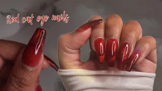 trendy red cat eye gel polish french tips | polygel & dual forms | nail art ASMR