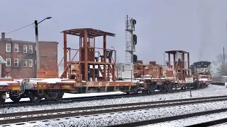 Longest Welded Rail Train Ever!  Train In Snow On Sharp Curve!  Steel Rails Bending Around Curve MOW