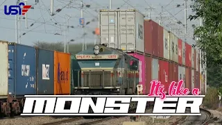 Monstrous Double Stack Container Train Passing by a Single Stack Container Train