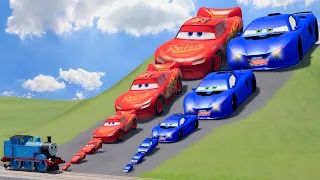 Big & Small Blue Flip vs Big & Small Lightning Mcqueen vs Thomas the Tank Engine Train | BeamNGDrive