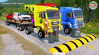 Double Flatbed Trailer Truck cars vs rails tractor vs train cars vs bollards Beamng Drive 414