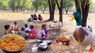 winter season picnic||DUCK MEAT curry cooking and eating with hot rice by santali tribe childrens