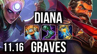 DIANA vs GRAVES (JUNGLE) | Rank 7 Diana, 1300+ games, Legendary, 10/3/9 | BR Challenger | v11.16