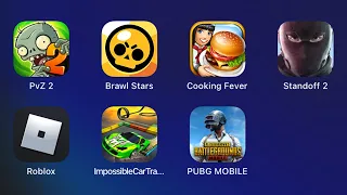 Standoff 2,Roblox,Impossible Car Tracks 3d,PUBG Mobile,Plants vs Zombies 2,Brawl Stars,Cooking Fever