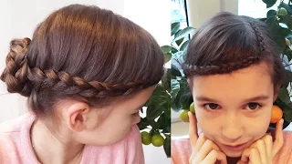 Голландская коса с челкой-косой и пучком сзади // Dutch braid with bun