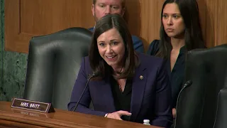 U.S. Senator Katie Britt speaks at a Senate Banking hearing regarding U.S. national security