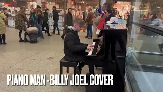 Piano boy plays a cover of Billy Joel’s Piano Man at famous London train station