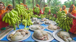 BANANA INTESTINE RECIPE - Mutton Intestine & Green Banana Gravy Cooking - Food for Villagers