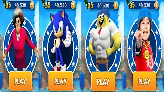 Sonic Dash vs Tag With Ryan vs SpongeBob Run vs Scary Teacher Run - All Characters Unlocked Gameplay