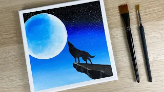 The Wolf and the Moon Painting Idea - Easy Acrylic Painting For Beginner #41