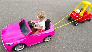 Little Girl Elis Ride On Pink Mercedes AMG Power Wheel with Cozy Coupe Little Tikes and Dolls Crew