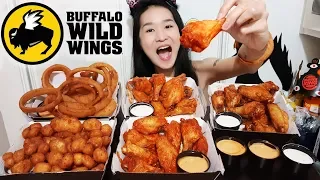 First Time Eating BUFFALO WILD WINGS! Spicy Buffalo Chicken Wings, Onion Rings, Cheese Curds Mukbang