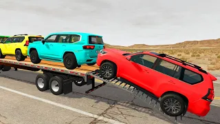 Flatbed Trailer new Toyota Cars Transportation with Truck - Pothole vs Car #010 - BeamNG.Drive