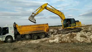 Hidromek 220 ve BMC kamyonlar ile tarla içi taş yükleme - in-field stone loading, excavation work