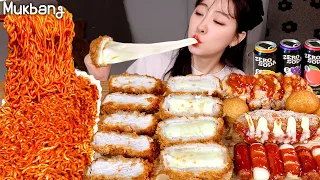 Spicy samyang Buldak noodles🔥, cheese pork cutlet, corn dog🌭, cheese ball eating showㅣASMR MUKBANG