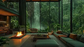 Warm Jazz Music for Rainy Days in a Forest Room - Soft Jazz Music With Fireplace Sound By Waterfall