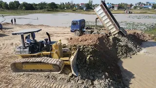 Awesome Power Bulldozer D61PX Moving Dirt mix Rock with Dump Truck Unloading Extreme on Construction