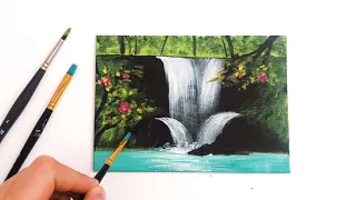 Step by Step Easy Waterfall Landscape Painting for Beginners