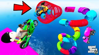 FRANKLIN TRIED IMPOSSIBLE SNAKE TUBE MEGARAMP PARKOUR CHALLENGE CARS BIKES GTA 5 | SHINCHAN and CHOP