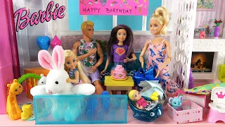 Barbie and Ken in Barbie Dream House Celebrating Baby Birthday w Barbie Sisters and Surprise Gifts