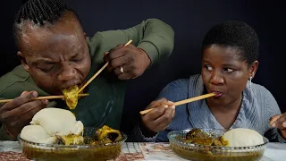 ASMR EATING FUFU WITH CHOPSTICK CHALLENGE AFRICAN FOOD MUKBANG POUNDED YAM AND BLACK SOUP WITH FISH