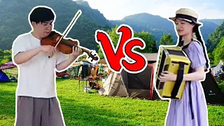 Accordion accordion vs violin! The boss of the girl's camping dish kebab meets a master  and the ba