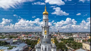 The bell tower of the Assumption Cathedral Uspenskiy Sobor timelapse in Kharkiv, Ukraine