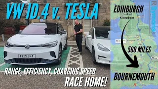 VW ID.4 v Tesla Model 3 EV Road Trip - efficiency/charging speed/real world range, AND then a RACE!