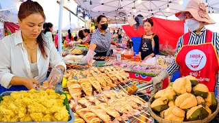 So Much Delicious Food at Night Market! Cambodia Street Food - Seafood, Squid, Cake, Dessert, & More