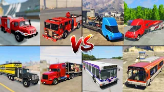 GTA V Truck Vs Tesla sami Truck Vs Bus Vs Fire Truck BeamNG Vs GTA 5