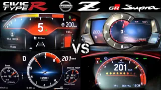 Acceleration Civic Type R FL5 2023 vs Nissan Z vs Toyota Supra vs Civic Type R FK8 battle 0-250