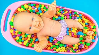 Very Satisfying ASMR | Full Big BathTub Rainbow M&M's Candy with Dolls Magic Slime Cutting Video #13