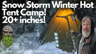 Solo Winter Camping a Snow Storm in a Hot Tent!! 20+ inches overnight! Jeep stuck almost stranded me