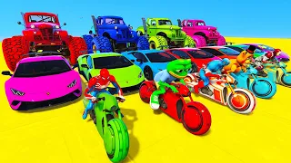 SPIDERMAN CARS MEGA Ramp Jump Challenge ! SUPERHERO HULK Monster Truck Trevor Friends Stunt - GTA V