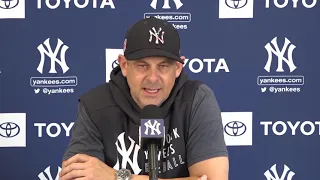 Aaron Boone addresses the team in the early days of camp