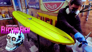Neon Yellow Surfboard Tint. Hotcoat with Glass Leash Loop Install Fluro 80s Retro Style Decals