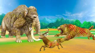 Woolly Mammoth Vs Giant Saber Tooth Tiger Hunting Deer Saved by Mammoth Elephant Animal fight