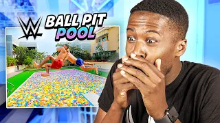 Reacting to WWE Moves in Massive Ball Pit Pool