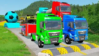 Double Flatbed Trailer Truck vs Speedbumps Train vs Cars | Tractor vs Train Beamng.Drive 059