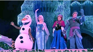 Frozen Holiday Wish castle lighting show debut - Elsa, Anna, Olaf, Kristoff at Walt Disney World