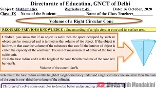 DOE Class-9 MATHS Worksheet-45 Date_16/10/2020 (English Medium) Volume of cone