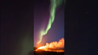 Grindavik volcano erupting under Aurora Borealis (16th April 2024) 😮❤️ #iceland #volcano #aurora