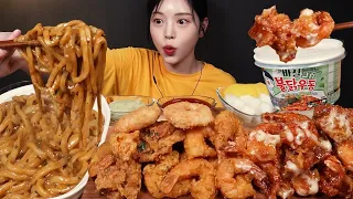 SUB)Crispy Fried Shrimp, Chicken, Seasoned Chicken and Spicy Buldak Cream Udon Mukbang Asmr