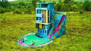 4800 h Build a Five-Story Modern Mud House with Steepest Water Slide Leading to Swimming Pool