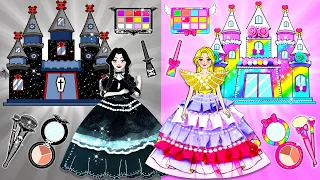 Paper Dolls Dress Up - Black Wednesday Addams & Rainbow Rapunzel Castle - Barbie's New Home Handmade