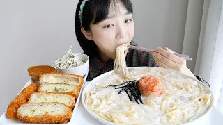 Wide glass noodles cream pasta and Cheese cutlet Real sound Mukbang👍🧡Eating show :D