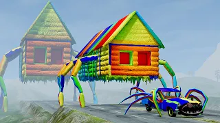 Cars Cliff Diving Test with RAINBOW MONSTERS - HOUSE EATER & SCARY MOON & HOUSE HEAD – BeamNG.Drive