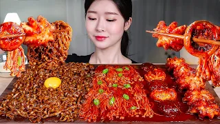 ASMR MUKBANG | BLACK BEAN NOODLES! SPICY OCTOPUS 🐙 SPICY MUSHROOMS 🔥 SEAFOOD BOIL EATING