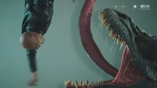 The fainting dinosaur suddenly wakes up and strangles humans with its tongue!